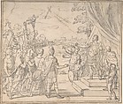 Vision of Constantine, copy after a drawing by Giacinto Gimignani, Anonymous, Italian, Roman-Bolognese, 17th century  Italian, Black chalk (?), brush and gray wash, over leadpoint (?) underdrawing on light tan paper; framing lines in black chalk (?) over leadpoint (?)