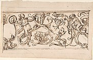 Drawing for a Frieze with Rinceau and Grotteschi, Anonymous, Italian, 17th century  Italian, Pen and brown ink, brush and light brown wash, over black chalk underdrawing and ruled construction