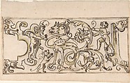 Grotesque Ornament Drawing, Anonymous, Italian, 17th century  Italian, Pen and brown ink, brush with brown wash and green watercolor, over black chalk underdrawing and ruled construction
