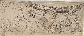Design for a Frieze: A Nude Man, Sea Creature, a Garland and Volutes, Small Head of Unicorn, Anonymous, Italian, Roman-Bolognese, 17th century Italian, Pen and brown ink over black chalk