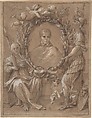 Portrait of an Ecclesiastic Flanked by a Female Saint and Athena, Anonymous, Italian, 17th century  Italian, Pen and brown ink, with white gouache highlighting, on brown washed paper.