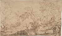 Landscape With Shepherds, Anonymous, Italian, Bolognese, 17th century Italian, Pen and brown ink on light brown laid paper. Faint ruled line along upper edge in black chalk and brown ink