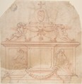 Tomb Monument with Crucifix and Coat of Arms, Anonymous, Italian, 17th century  Italian, Red chalk, over graphite underdrawing and ruled construction