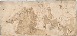 Two Views of a Horse's Head; the Head of a Bearded Man in Profile, Anonymous, Italian, 16th century  Italian, Pen and brown ink, brush and brown wash, with some unrelated strokes of red chalk