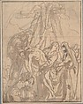 Descent from the Cross, Anonymous, Italian, Roman-Bolognese, 17th century  Italian, Pen and brown ink, brush and brown wash over black chalk on light brown paper. Ruled framing outlines in brown ink