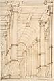 Design for a Console supported by Putto (recto); Architectural Arcade (verso), Anonymous, Italian, 17th century, Pen and brown ink, brush and brown wash, over traces of graphite underdrawing and ruled construction