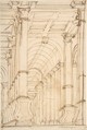 Interior with Columns and Vault, Anonymous, Italian, 17th century  Italian, Pen and brown ink, over traces of graphite underdrawing