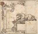 Design for a Frame with Two Compartments and a Crowned Lion, Anonymous, Italian, 17th century Italian, Pen and brown ink over graphite (or black chalk)