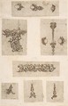 Sheet of Jewelry Designs, Anonymous, Italian, 17th century Italian, Pen and brown ink, brush with blue watercolor, over faint traces of ruled graphite construction