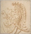 Design for a Trophy with Sword and a Plumed Helmet Decorated with Grotesques Masks, Classical Motifs, Anonymous, Italian, 17th century  Italian, Pen and brown ink, brush and brown wash