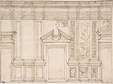 Design for a Wall Elevation with Garlands and a Landcape Scene, Anonymous, Italian, 17th century  Italian, Pen and brown ink, brush and brown wash, over ruled graphite construction