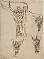 Studies for a Decorative Object (Banner or Pendentive?) Representing Allegorical Figures, One of Which Appears to Be Fortitude, Anonymous, Italian, 17th century, Pen and brown ink