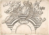 Putti Supporting Coat of Arms above Archway, Anonymous, Italian, 17th or 18th century  Italian, Pen and brown ink, brush and gray-brown wash, over traces of graphite underdrawing