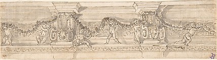 Frieze with Consoles, Putti, and Garlands (Recto); Fragment of Architectural design (Verso), Anonymous, Italian, 17th century, Pen and brown ink, brush and gray wash, over traces of graphite underdrawing and ruled construction
