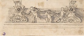 Design for the Decoration of a Cornice with Putti holding a Garland (recto); Red Chalk Sketches (verso), Anonymous, Italian, 17th century, Pen and brown ink over ruled lines and black chalk, with brush and gray and blue wash (recto); red chalk (verso)