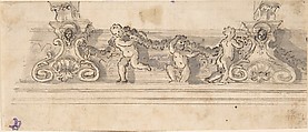 Design for the Decoration of a Cornice with Putti holding a Garland (recto); Red Chalk Sketches (verso), Anonymous, Italian, 17th century, Pen and brown ink over ruled lines and black chalk underdrawing, with brush and gray and blue wash (recto); red chalk (verso)