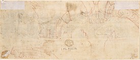 Design for the Decoration of a Cornice with Putti holding a Garland (recto); Red Chalk Sketches (verso), Anonymous, Italian, 17th century, Pen and brown ink over ruled lines and black chalk, with brush and gray and blue wash (recto); red chalk (verso)