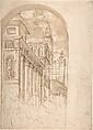 Figures Gathered Before a Group of Buildings, One with a Colonnade (recto); Corner View of a Building all'antica (verso), Anonymous, Italian, Roman-Bolognese, 17th century, Pen and brown ink, brush and brown wash on light tan paper (recto and verso); recto has lunette-shaped framing outline