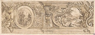 Architectural Design with a Decorated Frieze Containing a History Scene and Landscape, Anonymous, Italian, 17th century  Italian, Pen and brown ink, brush and brown wash, over graphite