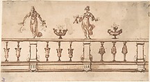Design for a Balustrade with Female Figures and Urns, Giulio Parigi  Italian, Pen and brown ink, brush and brown wash and pink watercolor, over graphite and ruled construction