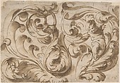 Overall Pattern with Acanthus Scrolls and a Chubby Putto, Anonymous, Italian, 17th century  Italian, Brush and brown wash, over graphite