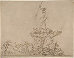 Fountain with Neptune and Sea Creatures, Anonymous, Italian, 17th century, Pen and brown ink, with brown wash