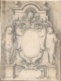 Cartouche between two cherubs on pedestals, Anonymous, Italian, 17th or 18th century  Italian, Pen and ink and leadpoint