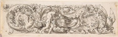 Frieze with Acanthus Scrolls and a Man (Hercules?) fighting a Lion, Jean Le Pautre French, Pen and brown ink, on vellum, over black chalk
