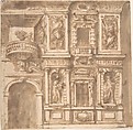 Design for a Façade with Statues in Niches and Armorial Trophies, Anonymous, Italian, 17th century Italian, Pen and brown ink, brush and brown wash, over graphite