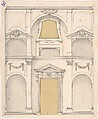 Design for a Wall Elevation over Two Floors, Anonymous, Italian, 17th century  Italian, Pen and black ink, brush and gray wash and watercolor, over graphite and ruled construction