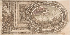 Design for a Ceiling with an Oval Trompe L'Oeil Painting, Anonymous, Italian, 17th century  Italian, Pen and brown ink, brush and brown wash, and watercolor, over graphite and ruled construction