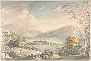 View of the Monastery in Tegernsee seen from the north-east, Johann Georg von Dillis (German, Grüngiebing 1759–1841 Munich), Pen and black ink, brush and gray and blue wash, watercolour, over graphite