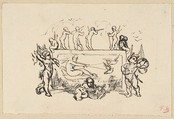 Putti grouped around a rectangular panel, Félicien Rops (Belgian, Namur 1833–1898 Essonnes), Pen and black ink with red highlights