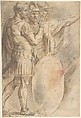 Three Warriors after Raphael, Anonymous, Italian, 16th century, Pen and brown ink, brush and brown wash, over black and red chalk, light brown and gray oil paint