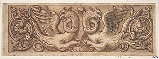 Design for a Frieze with Two Griffins, Anonymous, Italian, 17th century, Pen and brown ink, brush and brown wash, over red chalk; highlighted with white gouache oxidized gray-black; framing line; verso may have been rubbed with black chalk