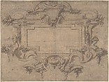 Design for a Cartouche or Wall Panel with Scrollwork, Masks and Female Figures, Anonymous, Italian, 17th century  Italian, Pen and brown ink, brush and brown wash