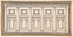 Design for a Wall Elevation with Five Bays in the Doric Order, Anonymous, Italian, 17th century Italian, Pen and brown ink, brush and gray wash