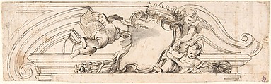 Design for a Pediment with Putti and a Blank Escutcheon, Anonymous, Italian, Piedmontese, 18th century, Pen and brown ink, brush and gray wash, over leadpoint; some lines constructed with a ruler; some traces of red chalk