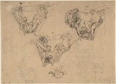 Three Studies for Spandrel Figures, Anonymous, Italian, 17th century Italian, Pen and brown ink, over graphite underdrawing