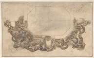 Right Half of Mirror Frame Design, Anonymous, Italian, 17th century Italian, Pen and brown ink, over graphite underdrawing and ruled construction