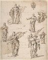 Sheet of Studies with Angels and Religious Figures (recto); Draft of a Letter (verso), Anonymous, Italian, 17th century (Neapolitan) Italian, Pen and brown ink, over traces of graphite underdrawing (recto); pen and brown ink (verso)