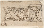 Ornamental Design of Winged Female Figures and Dragons, Anonymous, Italian, 17th century, Pen and brown ink, over leadpoint or black chalk.