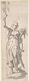 Female Figure with Staff and Cornucopia, Anonymous, Italian, 17th century Italian, Pen and brown ink, brush and gray wash