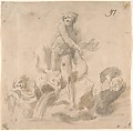 Design for a Fountain with a River God, Dolphins and other Figures, Anonymous, Italian, 17th century Italian, Pen and gray ink, brush and gray wash; brown wash, possibly incidental
