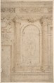 Architectural Design with Two Columns and Figure, Anonymous, Italian, 17th century Italian, Pen and brown ink, graphite?