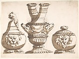 Three Ornamental Vessel Designs, Giacomo Rossi  Italian, Pen and brown ink, brush and brown wash, over graphite underdrawing