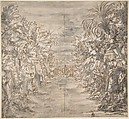 Ornamental Theater Scene with Trees, Anonymous, Italian, 17th or 18th century  Italian, Pen and brown ink, brush and gray wash, brush and brown wash, possibly incidental