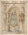 Design for a Grotto with a Fountain, Anonymous, Italian, 17th century Italian, Pen and brown ink, brush and brown wash, brush and pale blue water color, brush and dark blue water color