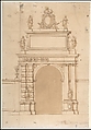 Design for the Triumphal Arch at the Porta Ticinese in Milan, with the Imperial Arms of the Hapsburg and Allegorical Figures, Francesco Maria Richini (or Ricchino)  Italian, Pen and brown ink, brush and brown wash, over leadpoint, with stylus ruling and compass construction