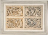 Four Panels with Rinceau Motif, Anonymous, Italian, 17th century Italian, Pen and brown ink, blue and gold watercolor, white lead highlighting (now oxidized)